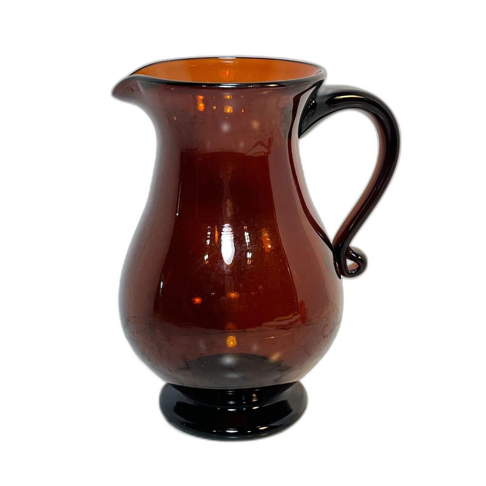 Amber Glass Pitcher Vase Vintage 7" Tall Bubbles In Glass